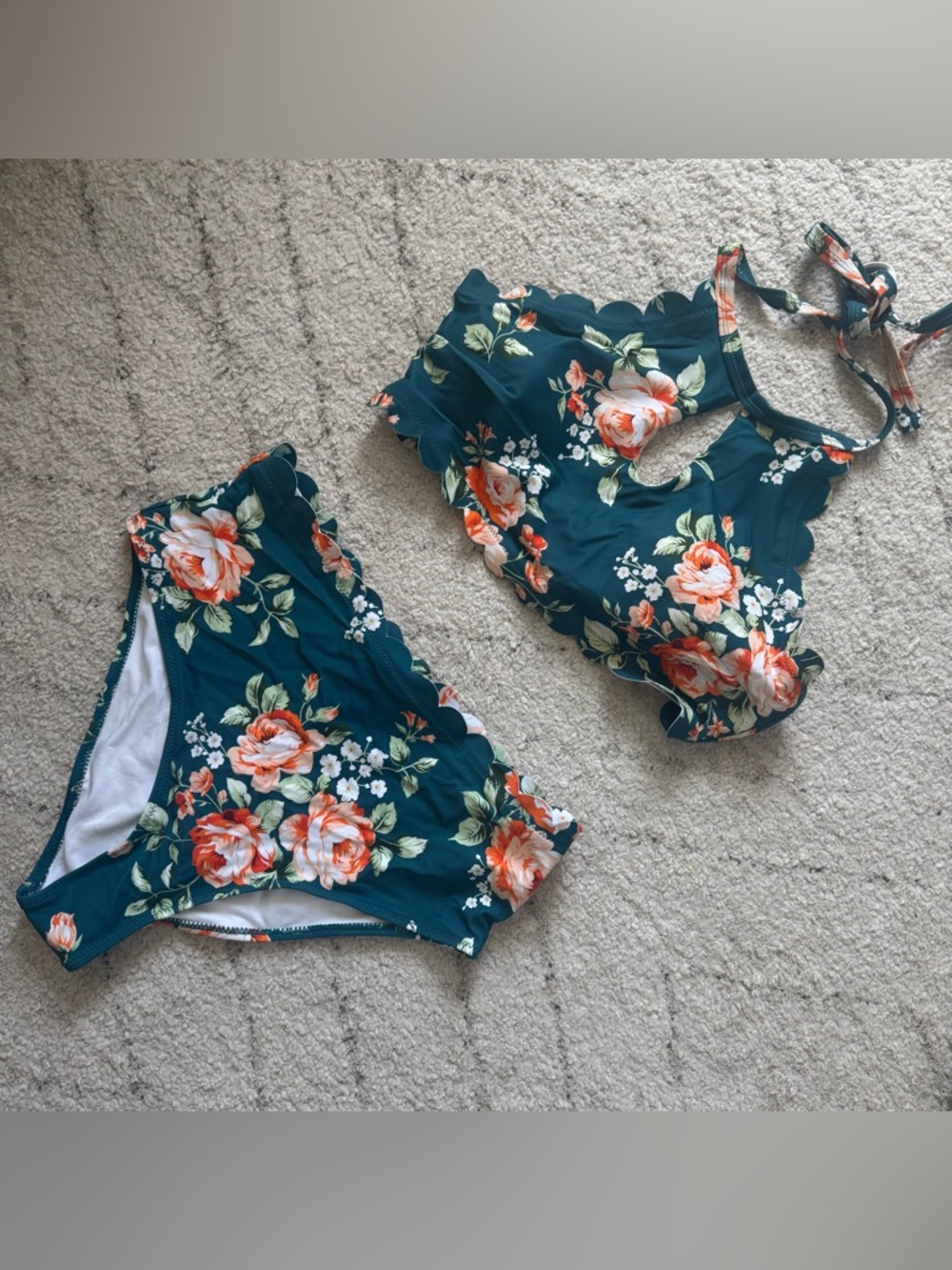 Cupshe Teal Floral Two-Piece Swimsuit with Coral Roses